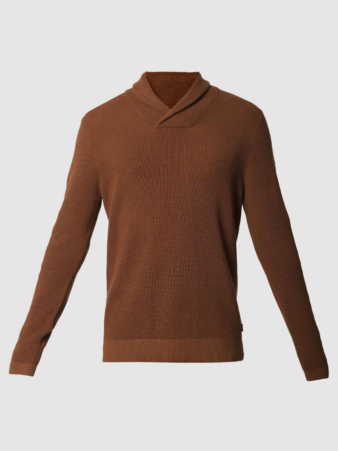 Brown Textured Shawl Neck Pullover