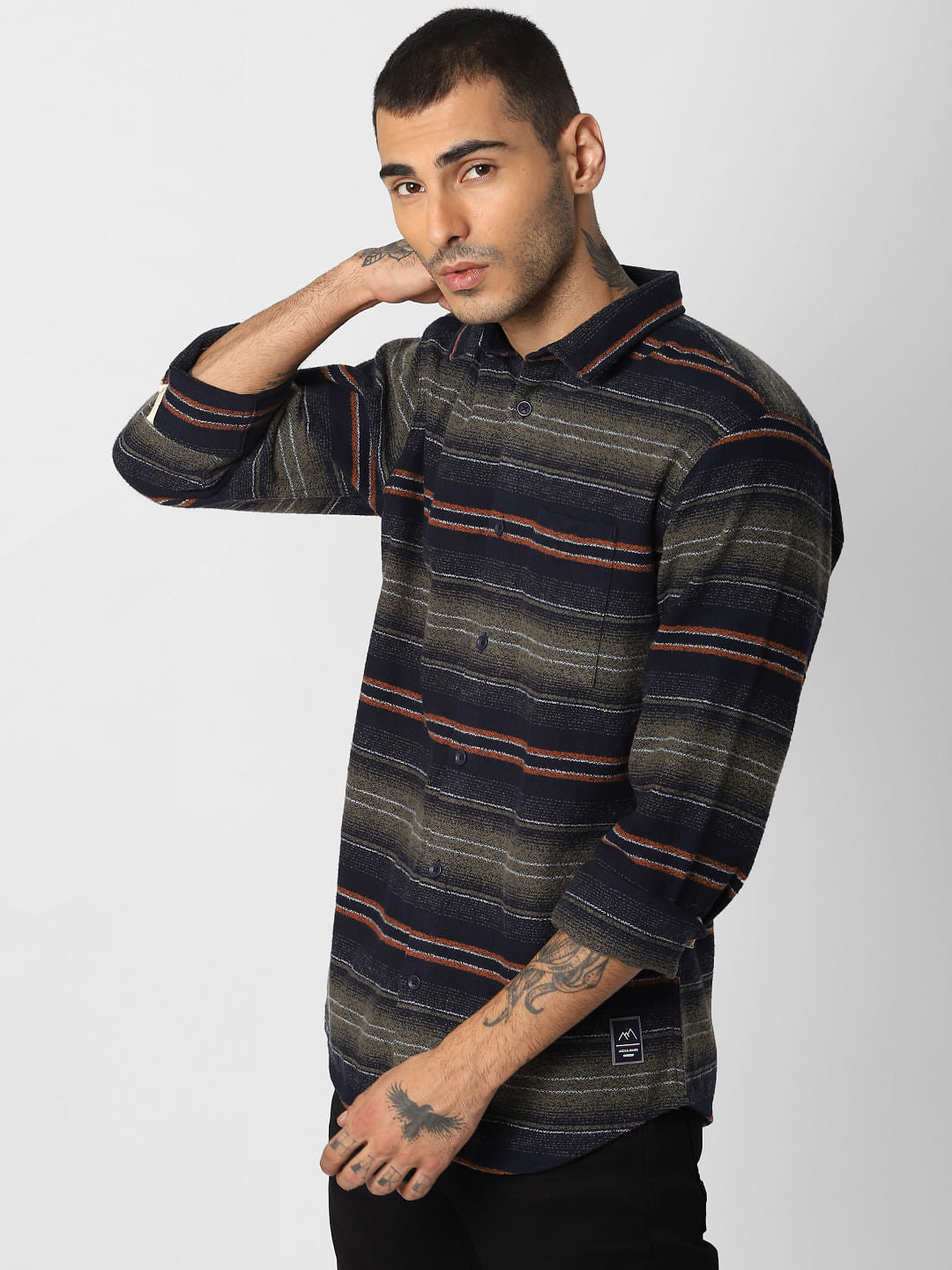 Navy Blue Striped Full Sleeves Shirt