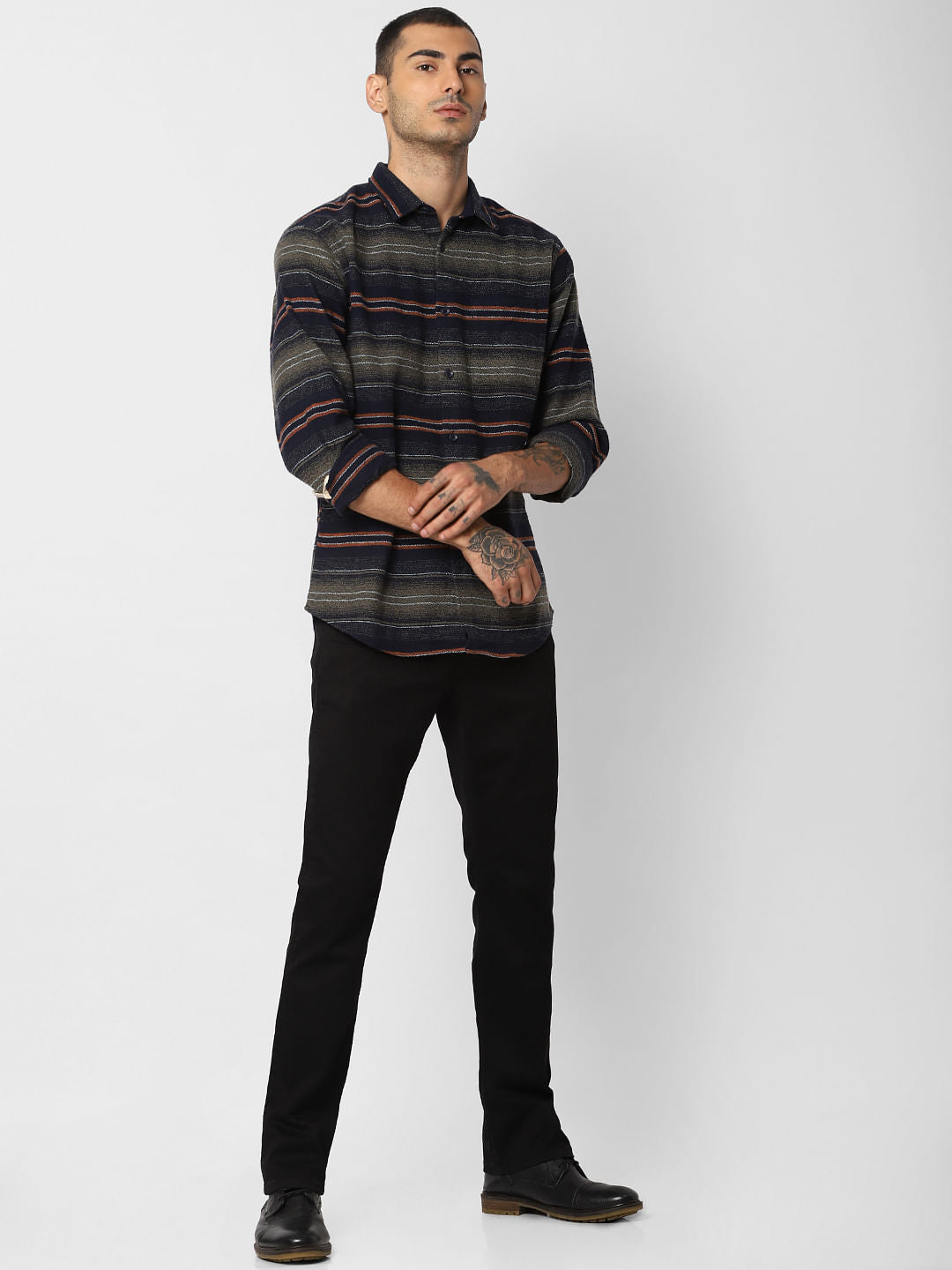 Navy Blue Striped Full Sleeves Shirt