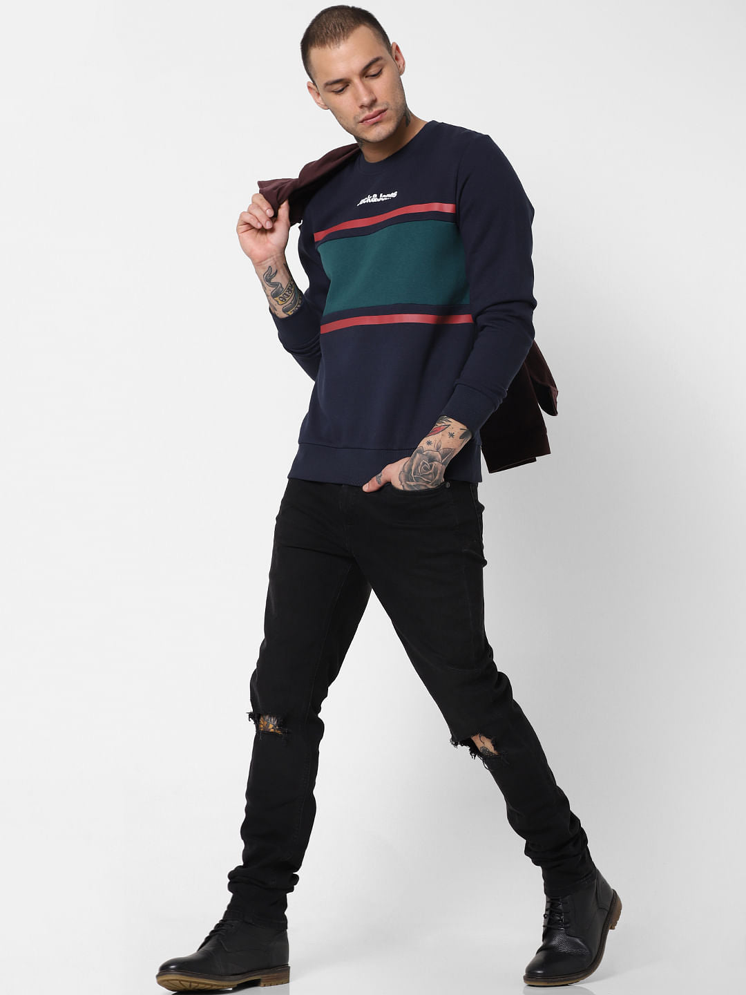 Navy Blue Colourblocked Sweatshirt