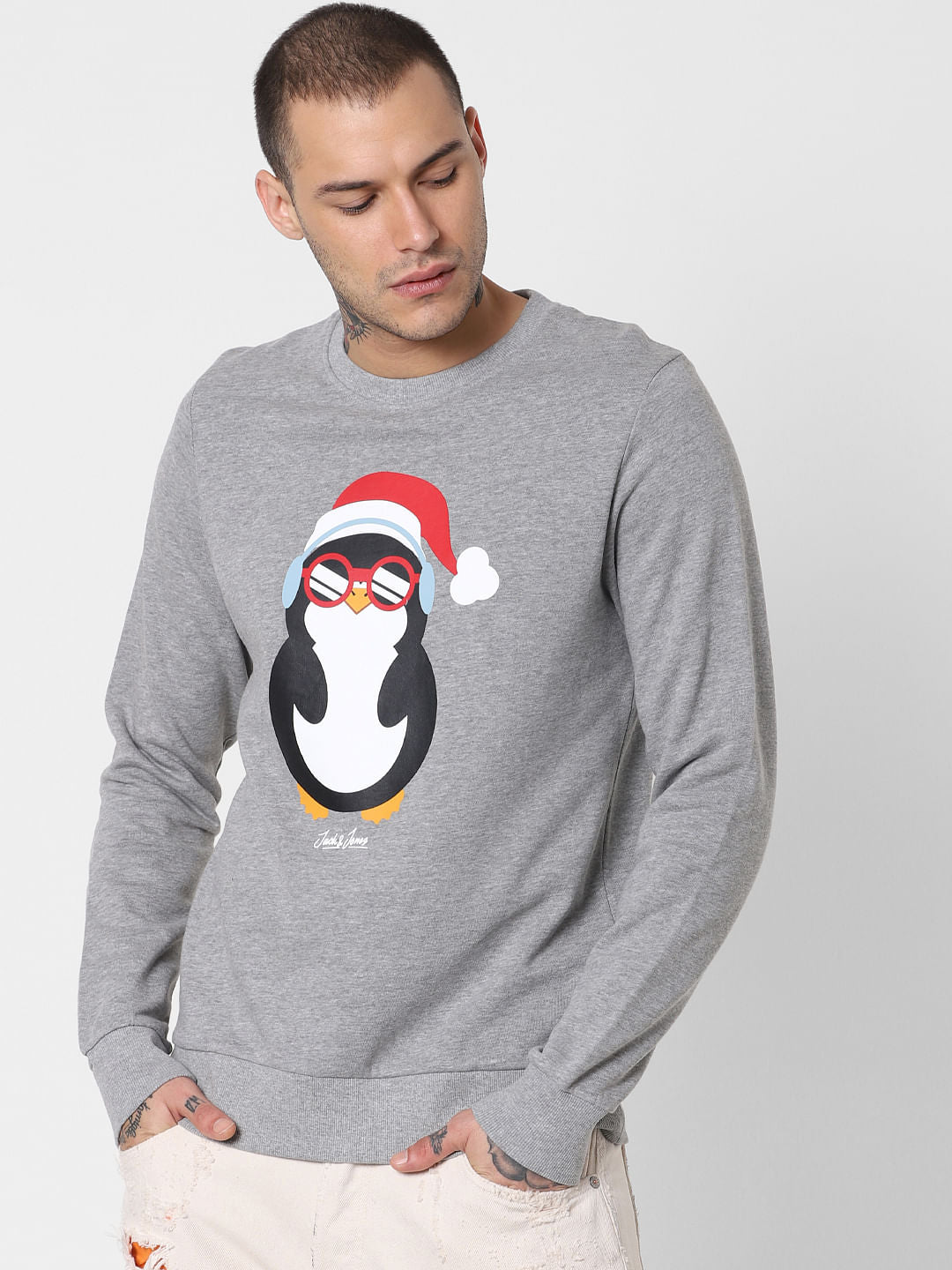 Grey Penguin Print Sweatshirt