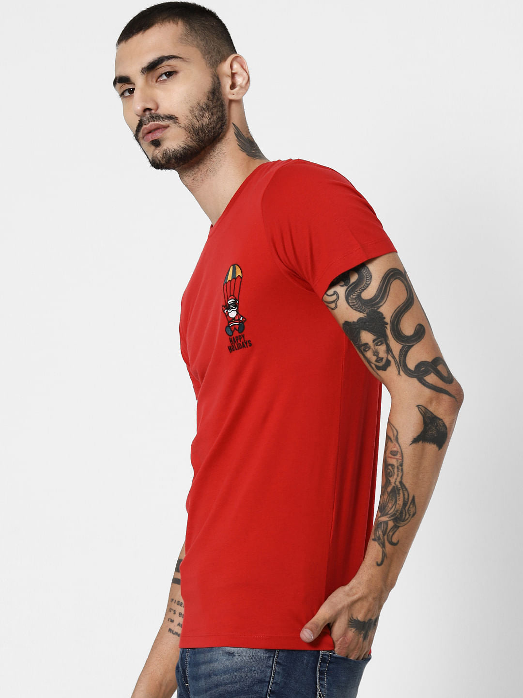 Red Happy Holidays Print Crew Neck T-Shirt