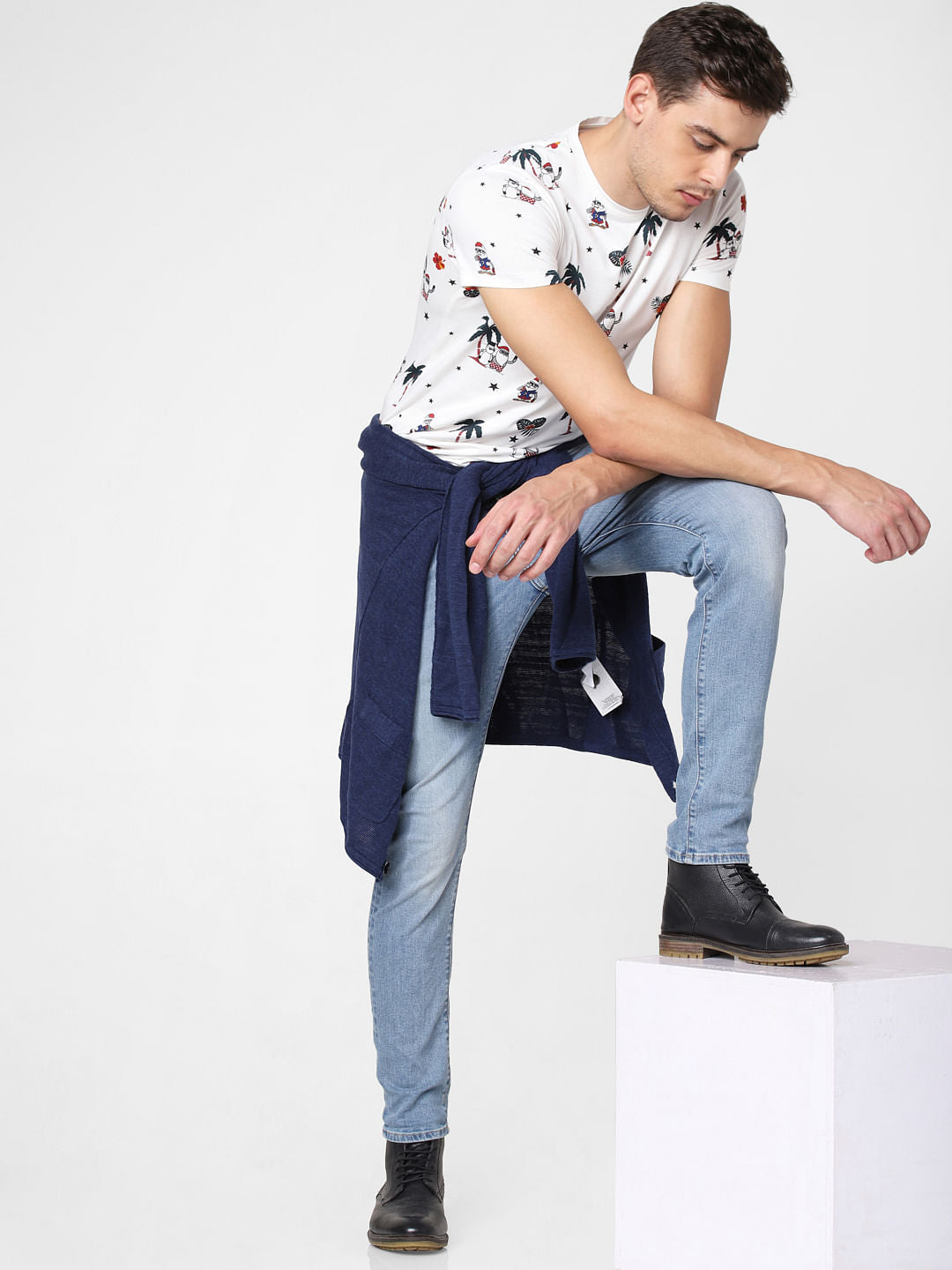 White Santa Print Crew Neck T-Shirt