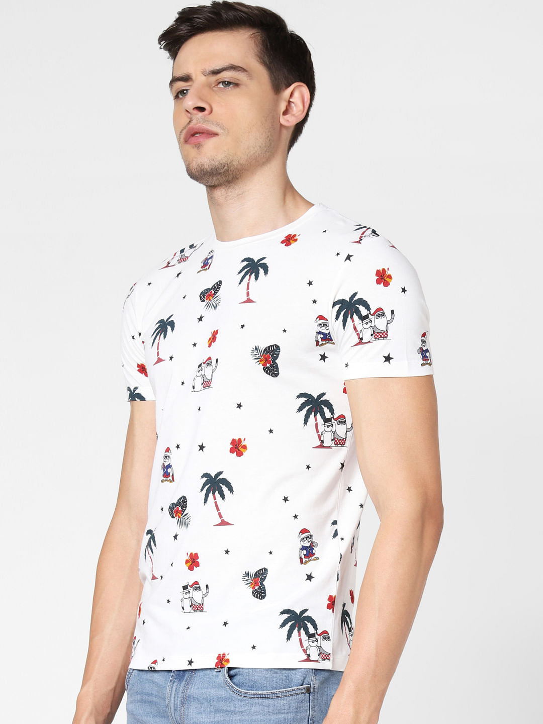 White Santa Print Crew Neck T-Shirt