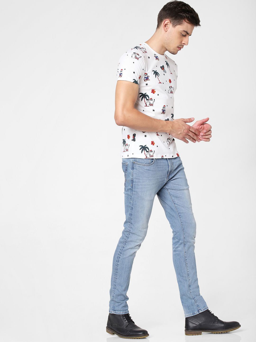 White Santa Print Crew Neck T-Shirt