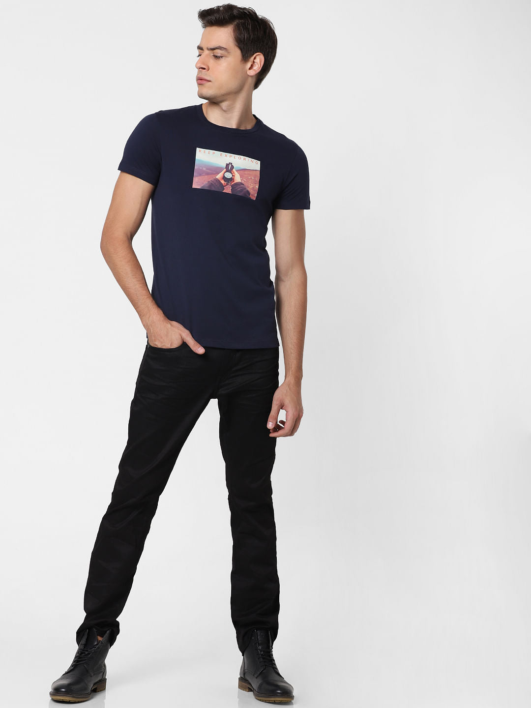 Navy Blue Graphic Print Crew Neck T-Shirt
