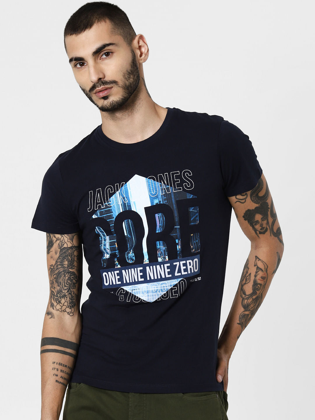 Navy Blue Logo Print Crew Neck T-Shirt