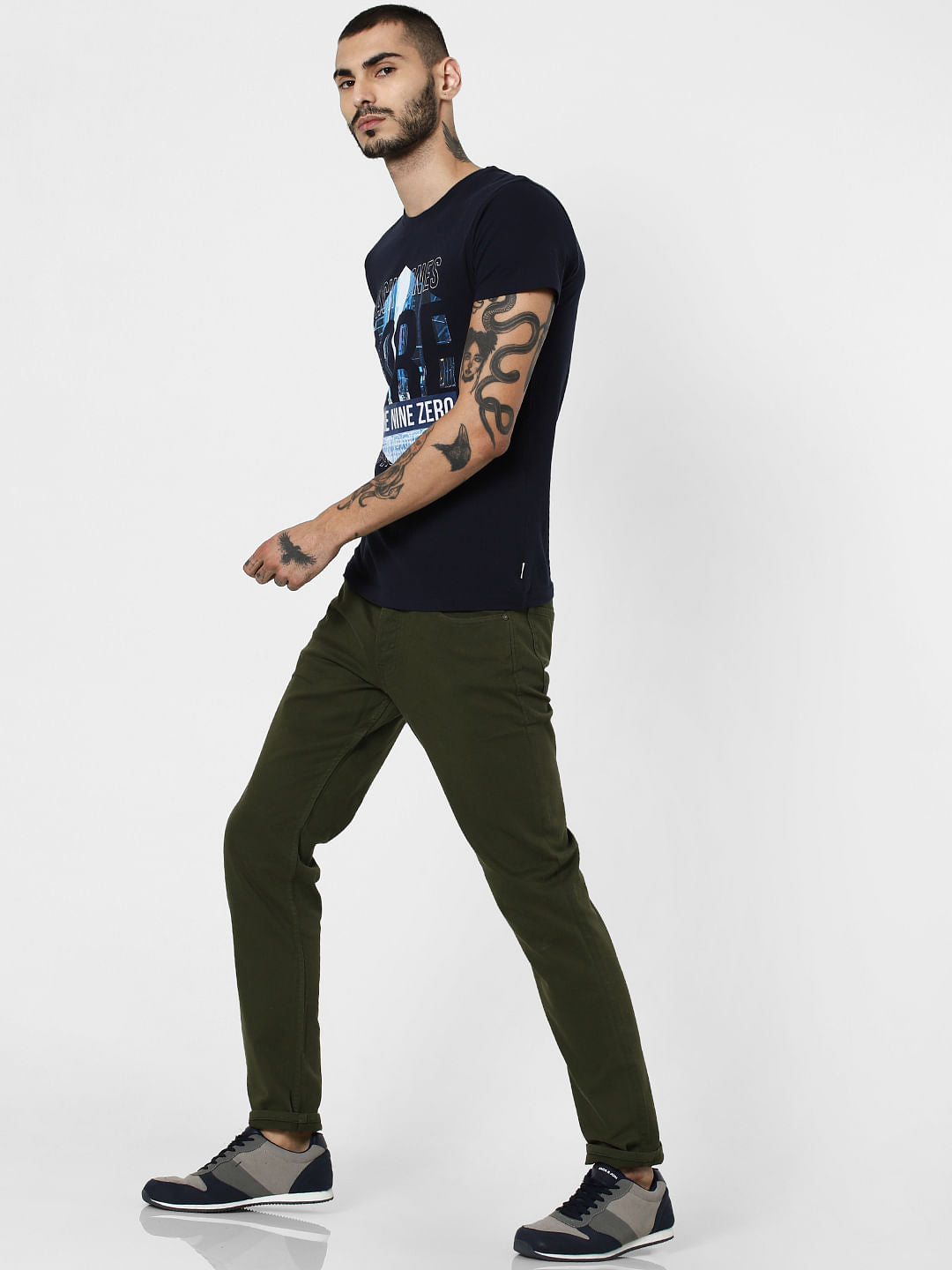 Navy Blue Logo Print Crew Neck T-Shirt