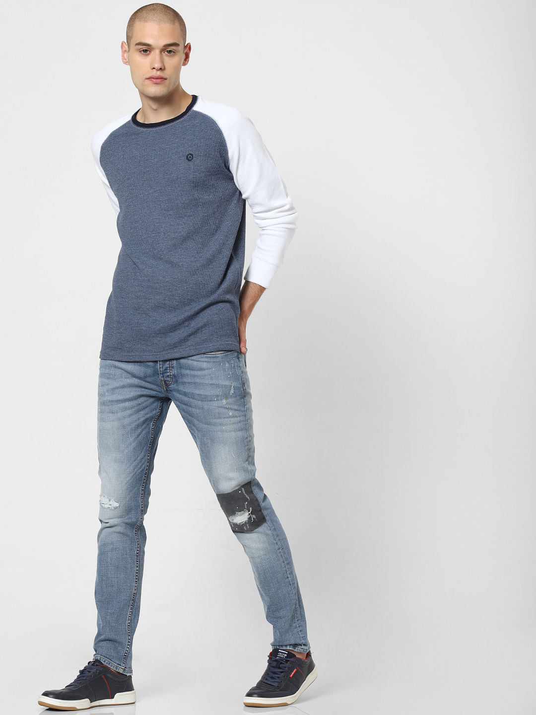 Blue Colourblocked Crew Neck T-Shirt