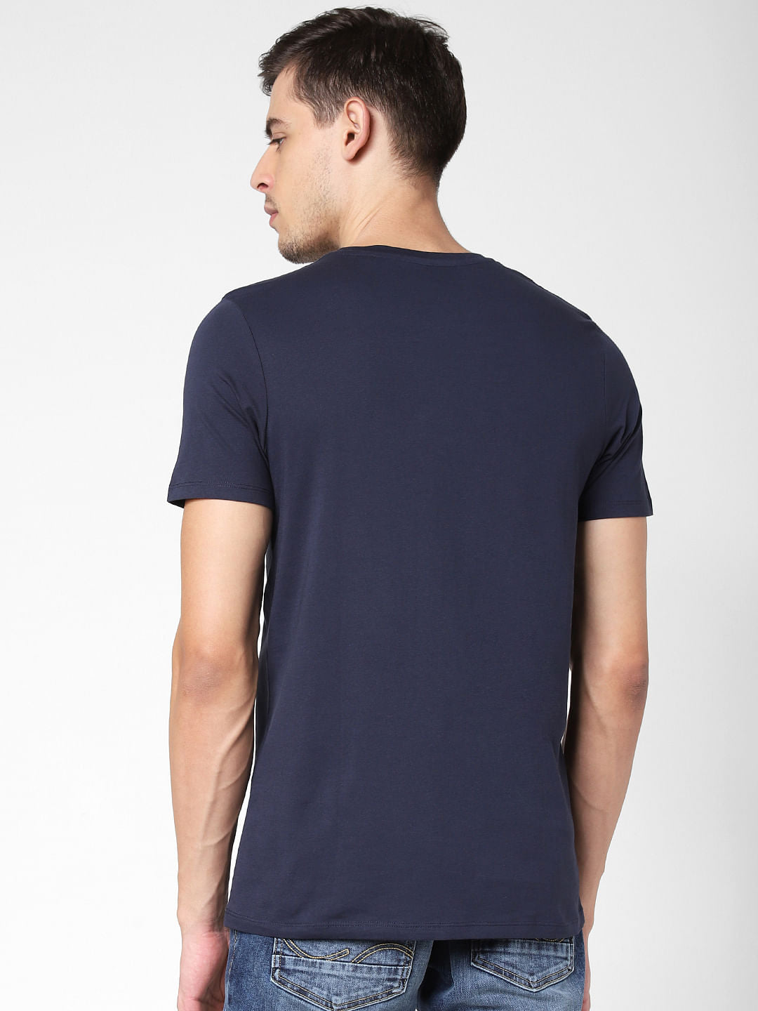 Navy Blue Logo Print Crew Neck T-Shirt