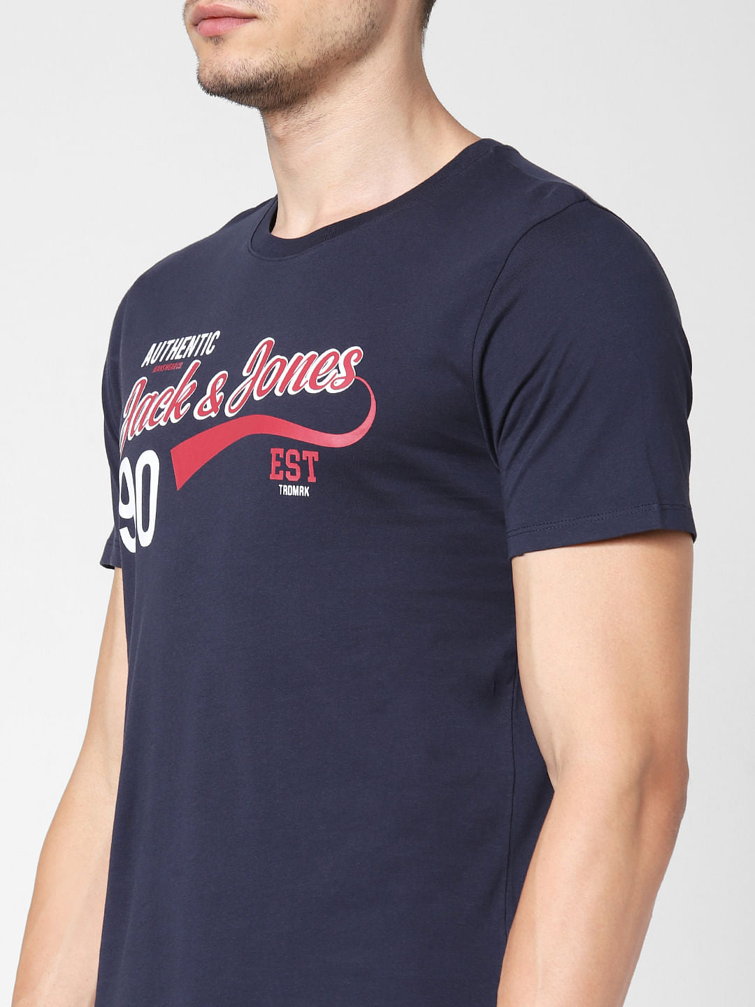 Navy Blue Logo Print Crew Neck T-Shirt