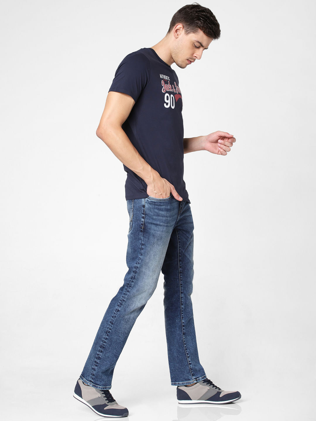 Navy Blue Logo Print Crew Neck T-Shirt