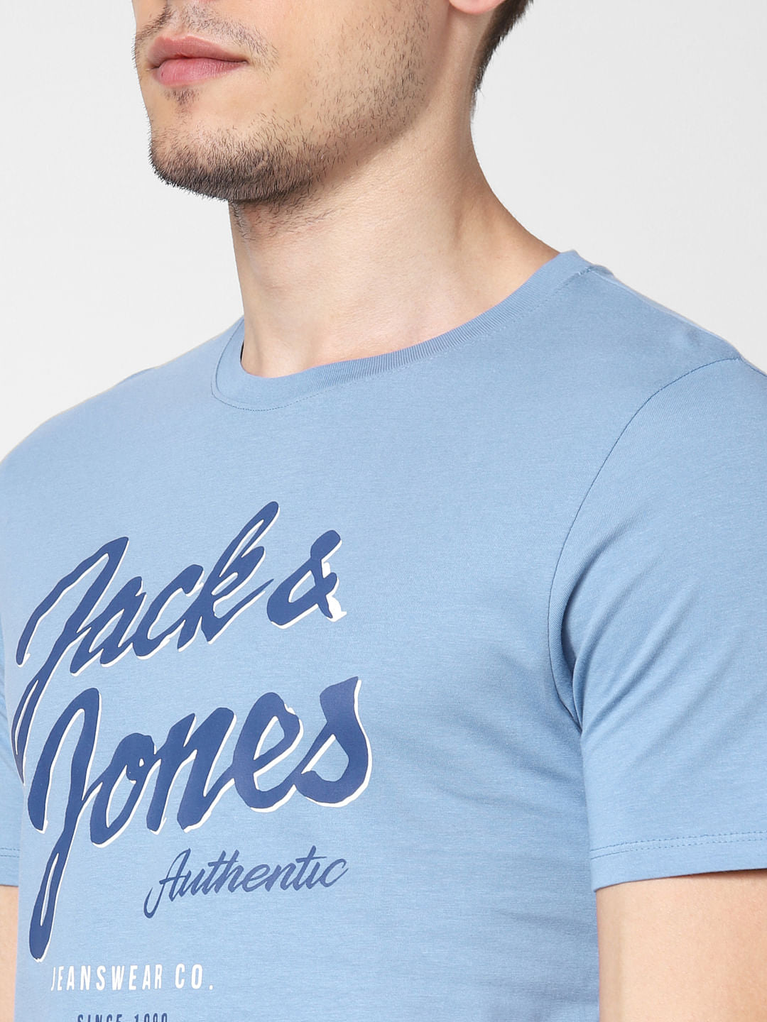 Light Blue Logo Print Crew Neck T-Shirt