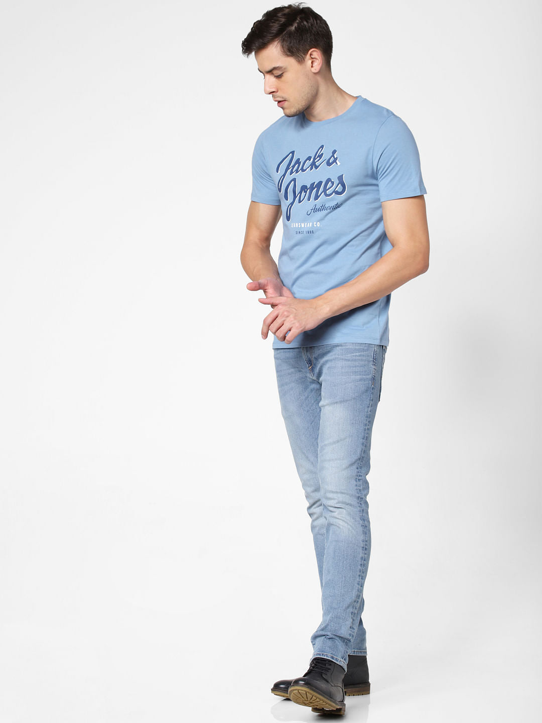 Light Blue Logo Print Crew Neck T-Shirt