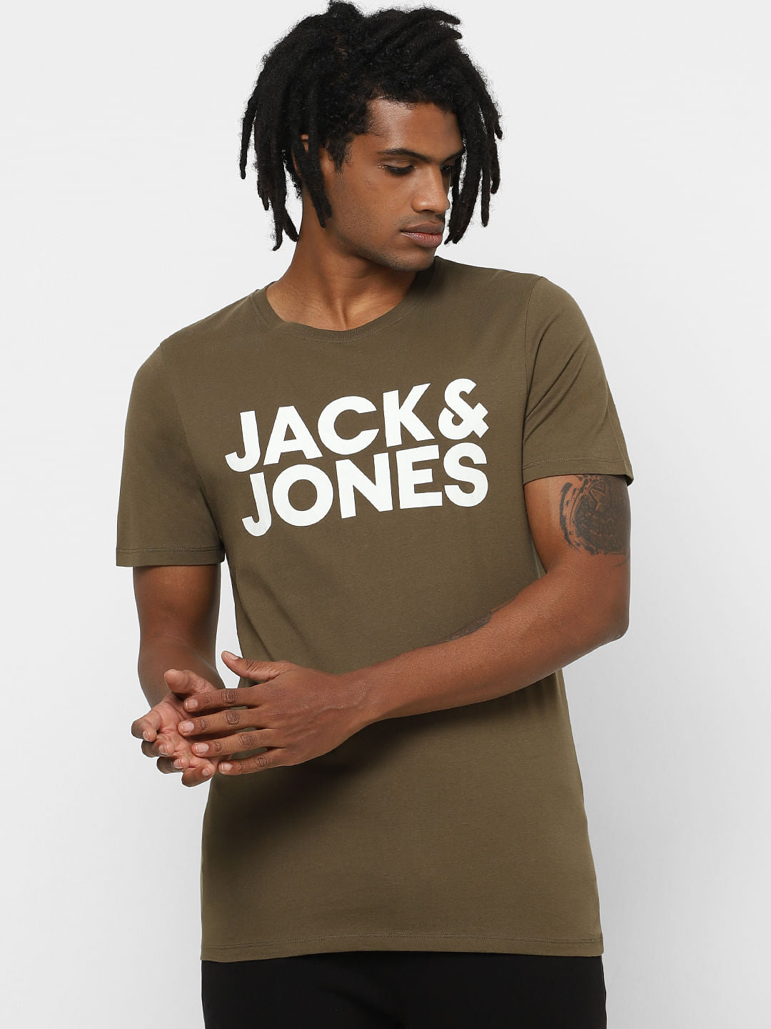 Olive Green Logo Print Crew Neck T-Shirt