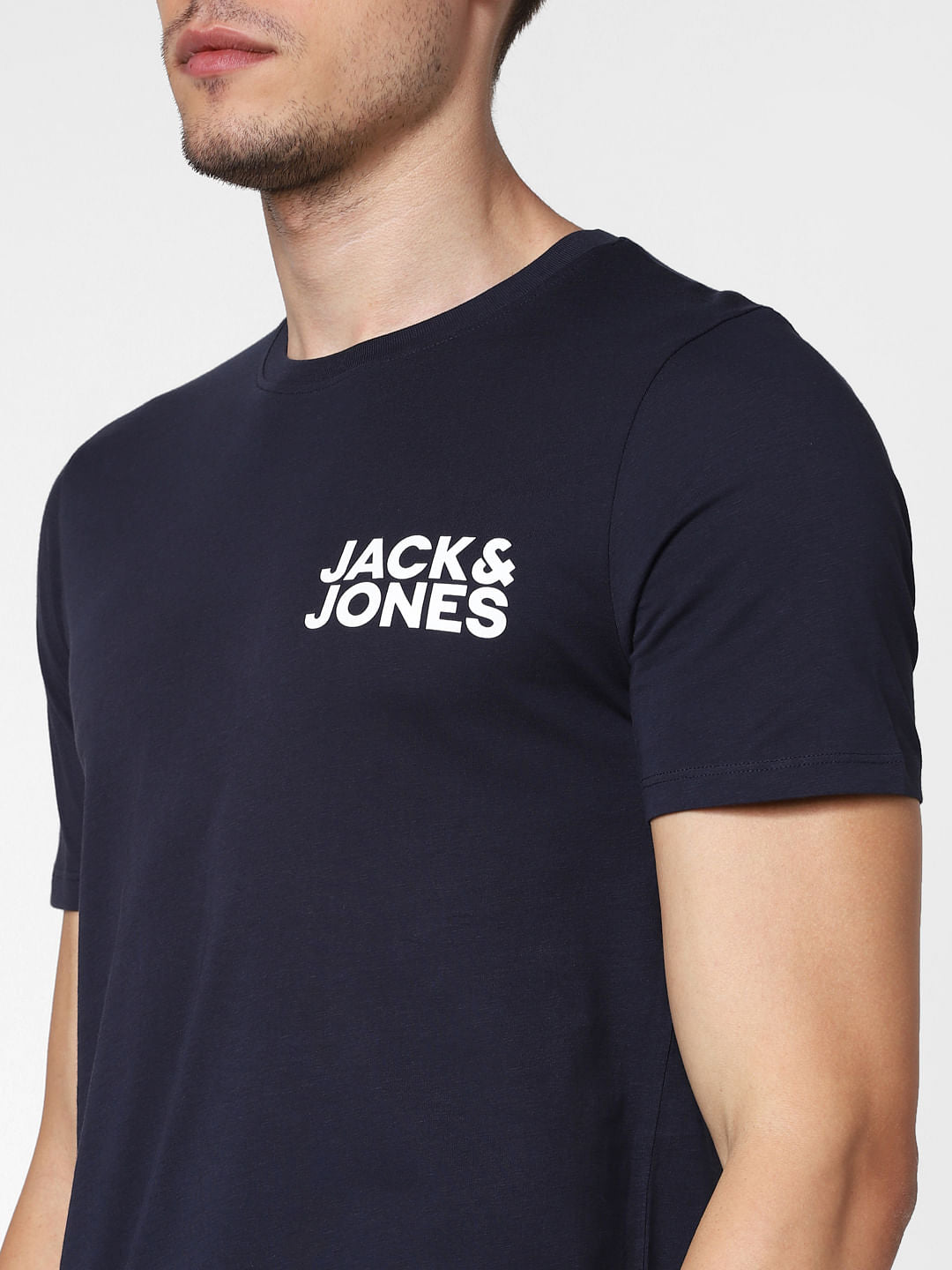 Navy Blue Logo Print Crew Neck T-Shirt
