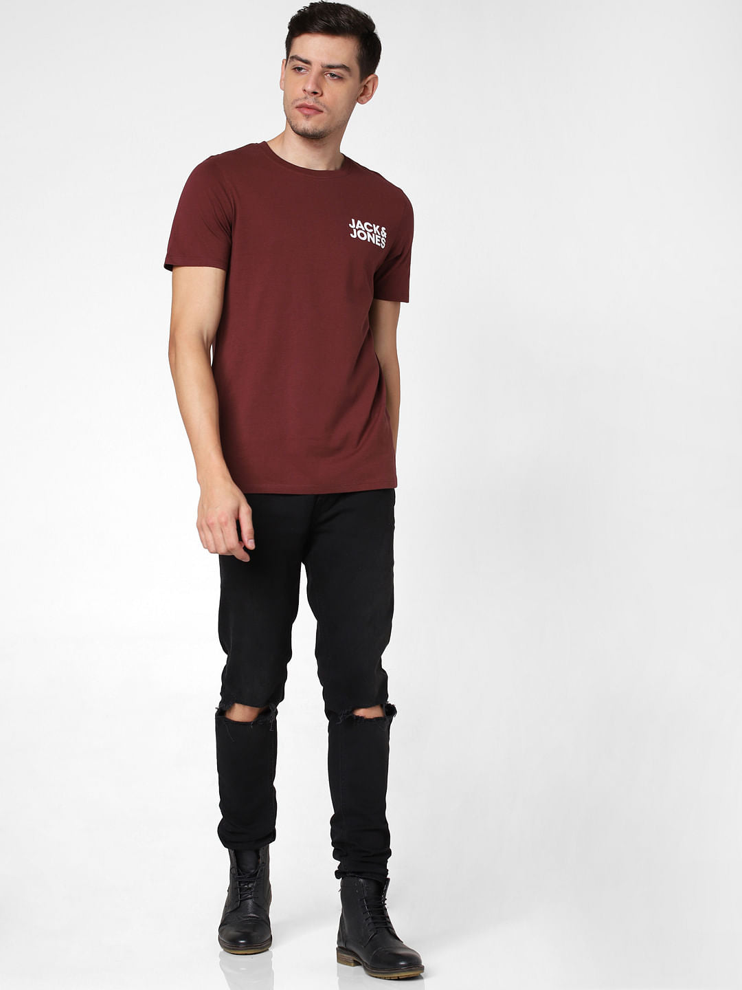 Burgundy Logo Print Crew Neck T-Shirt