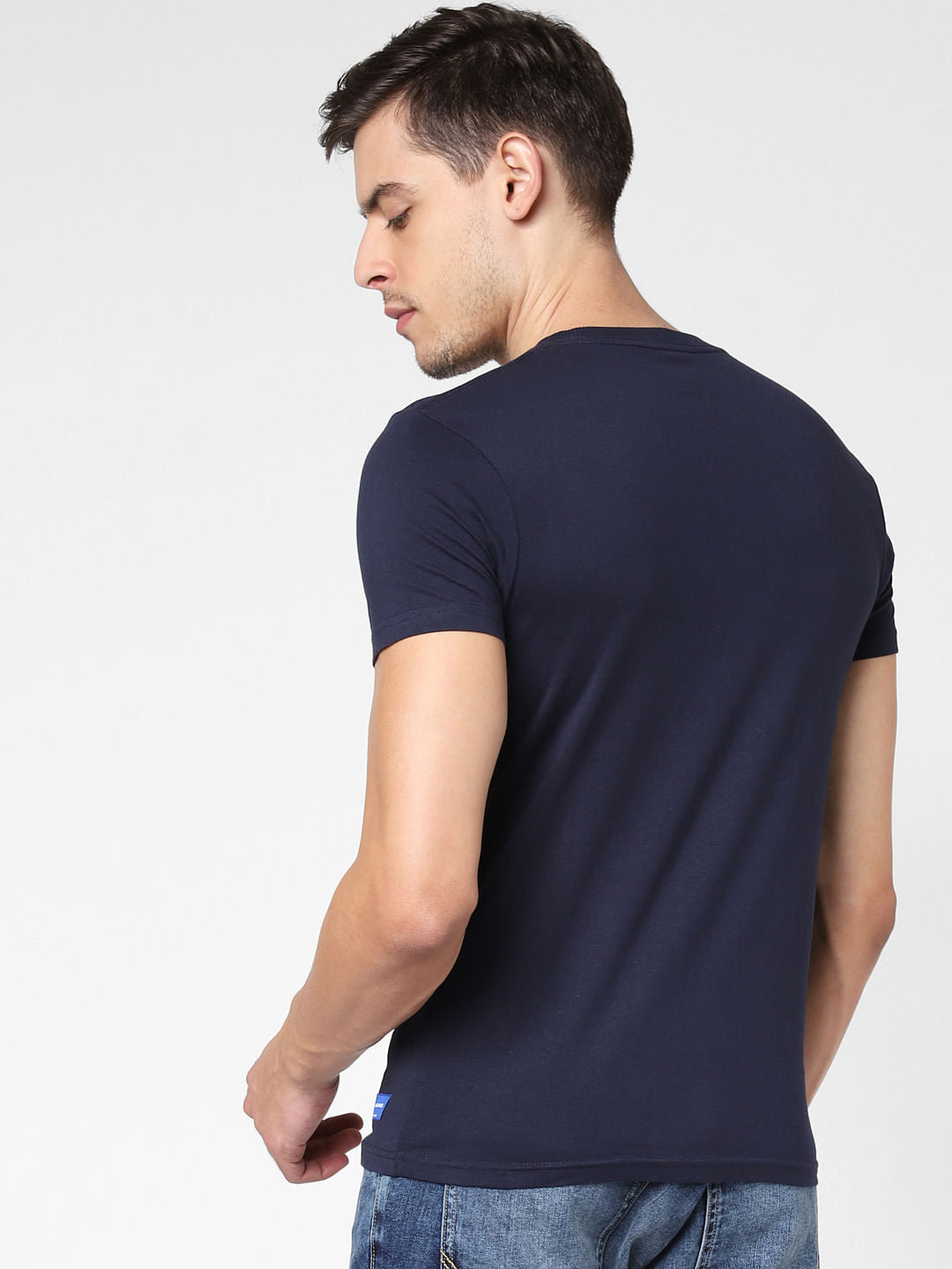 Navy Blue Text Print Crew Neck T-Shirt