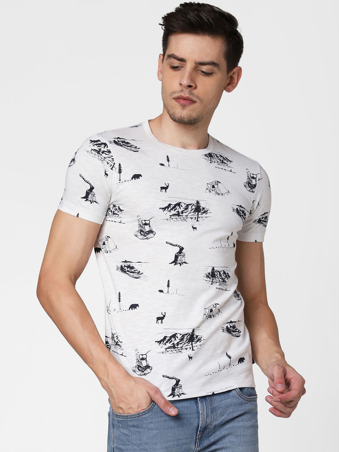 White All Over Print Crew Neck T-Shirt