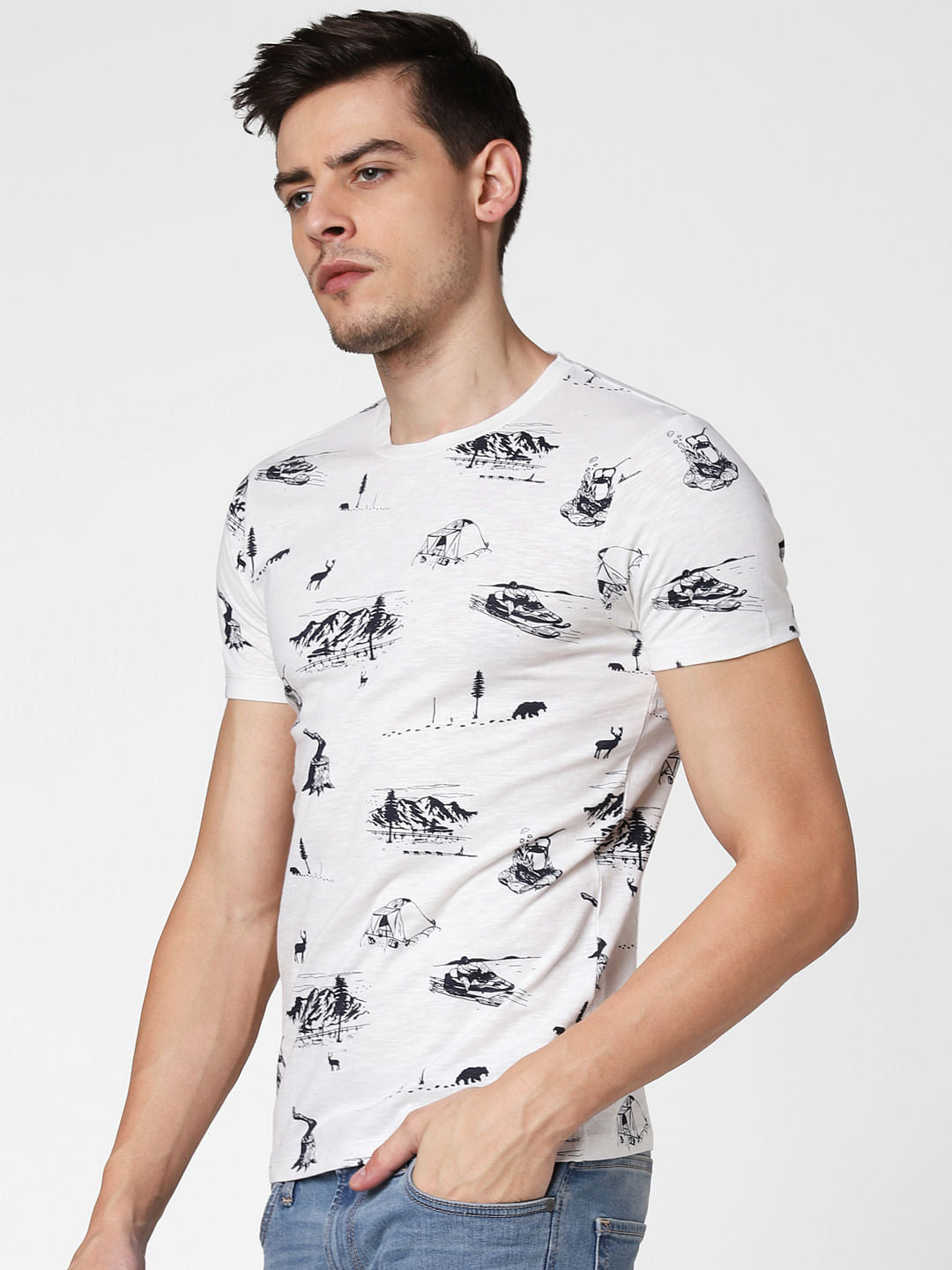 White All Over Print Crew Neck T-Shirt