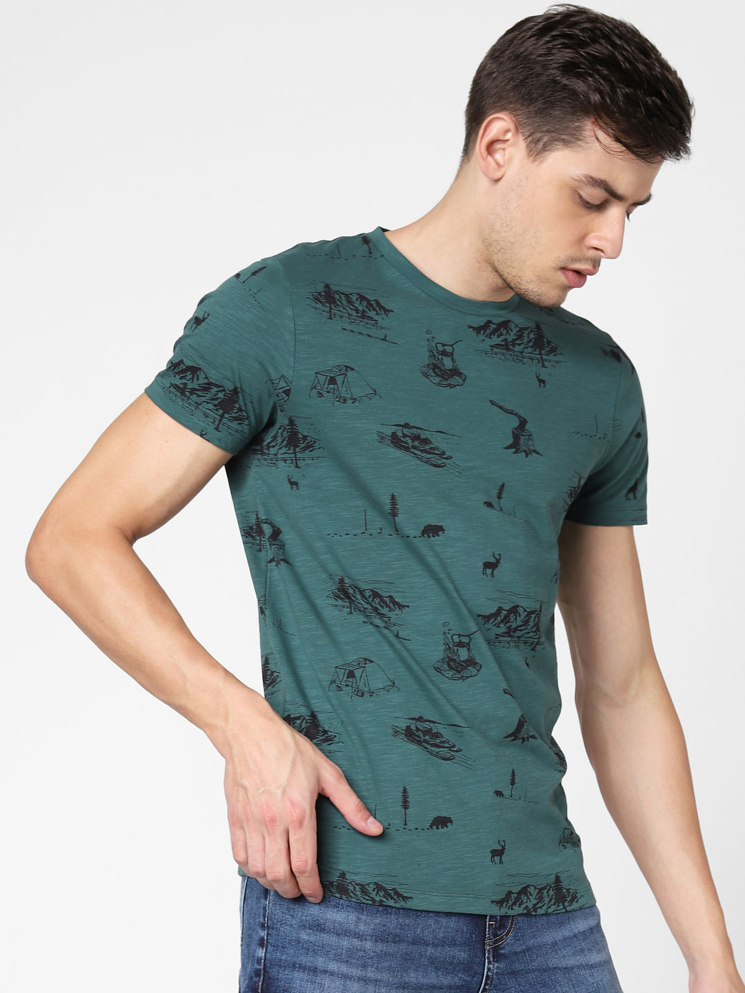 Green All Over Print Crew Neck T-Shirt