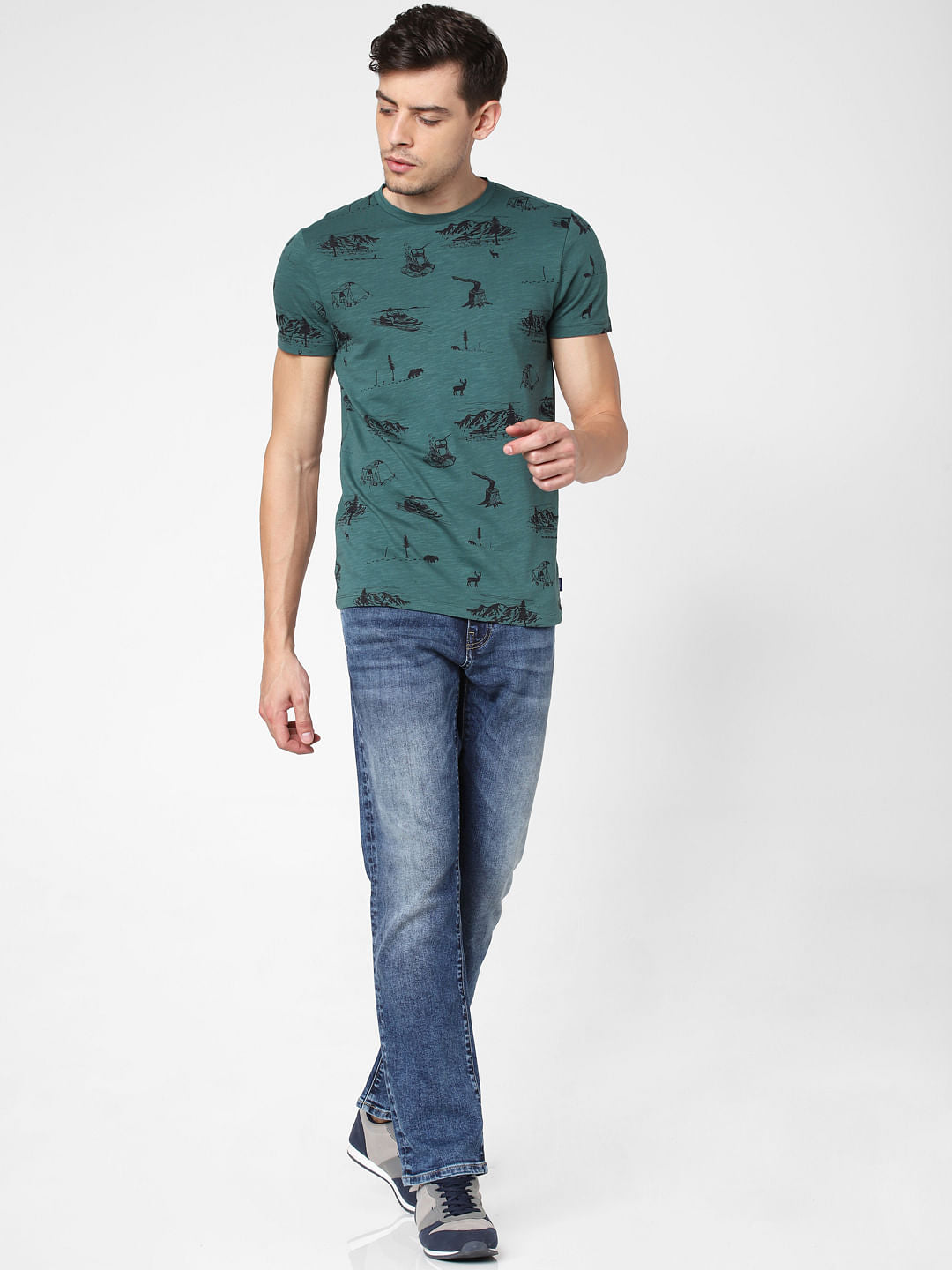 Green All Over Print Crew Neck T-Shirt
