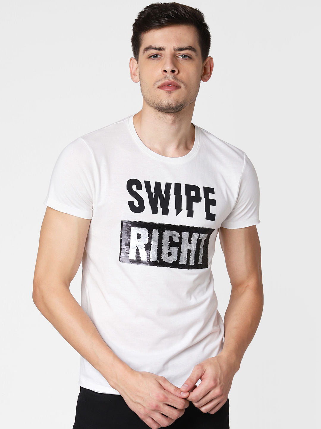 White Text Print Crew Neck T-Shirt