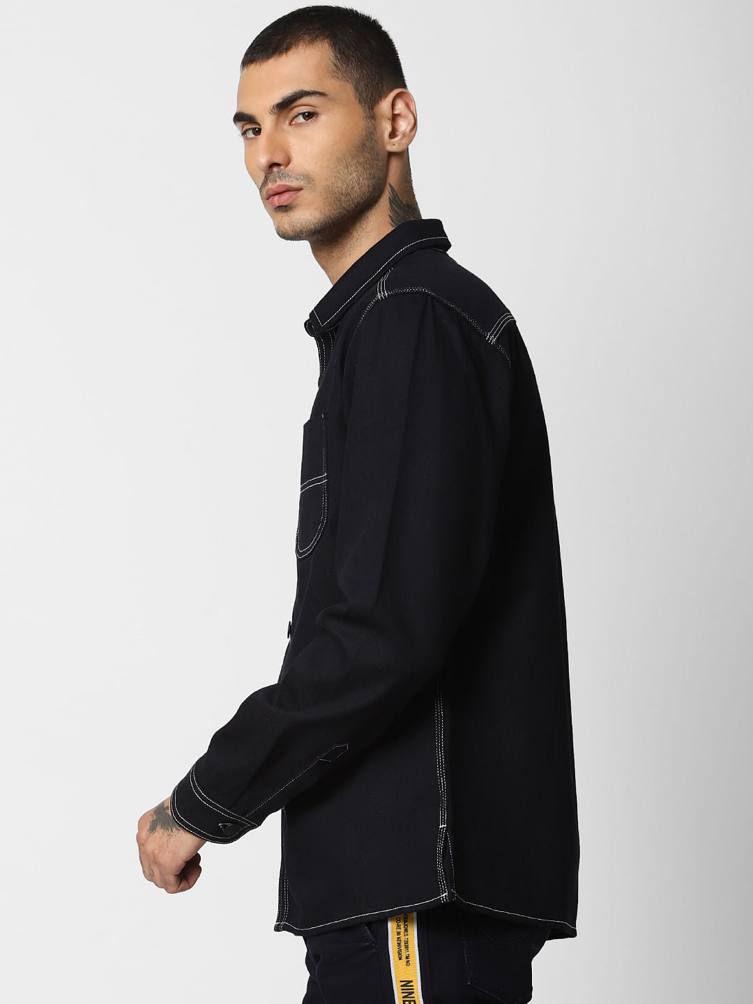 Dark Blue Contrast Stitching Full Sleeves Denim Shirt