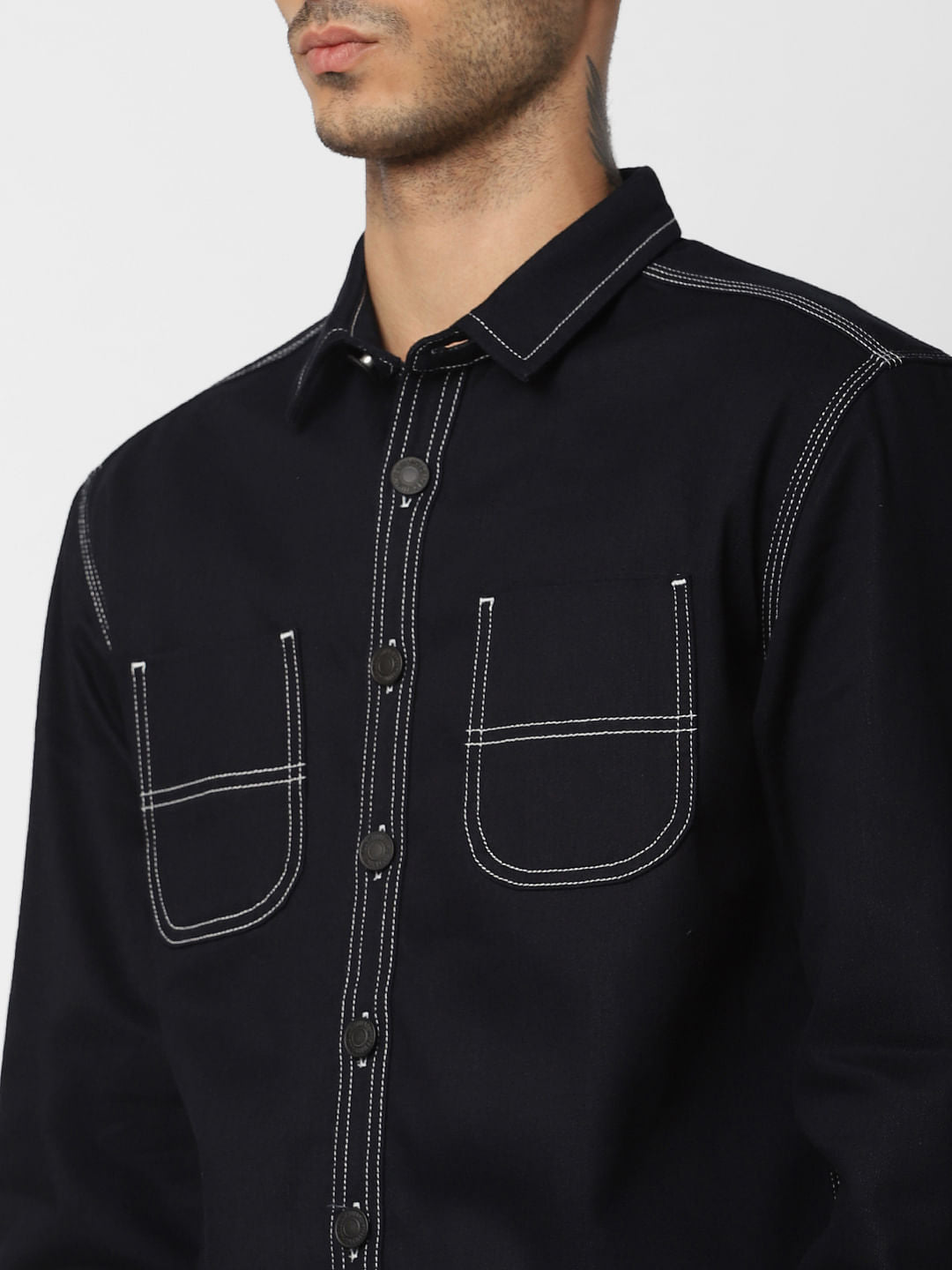 Dark Blue Contrast Stitching Full Sleeves Denim Shirt