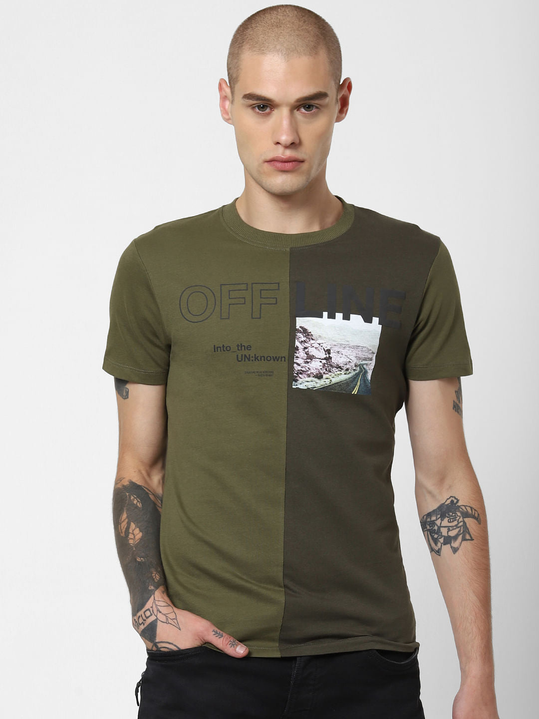 Green Colourblocked Crew Neck T-Shirt