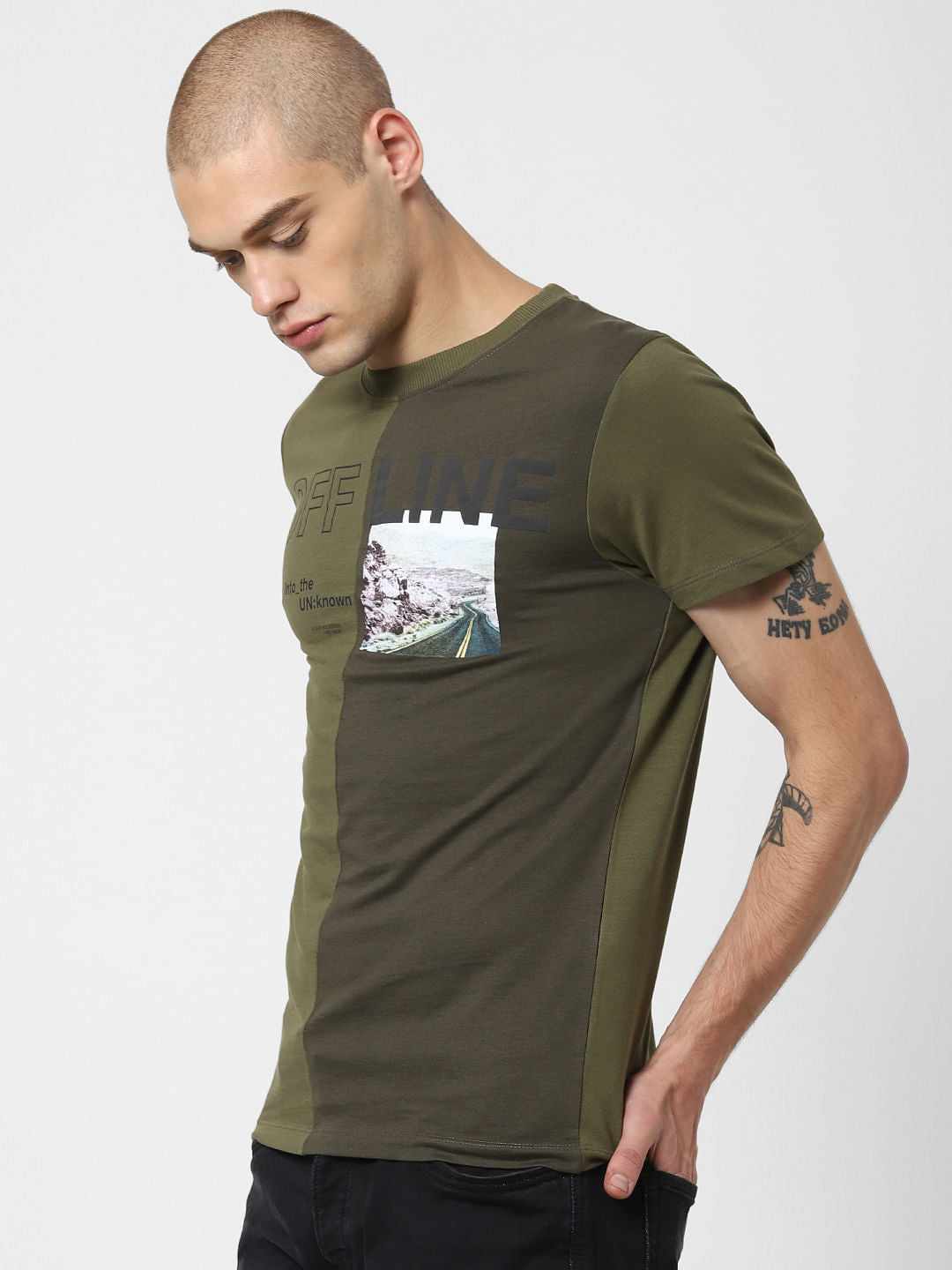 Green Colourblocked Crew Neck T-Shirt