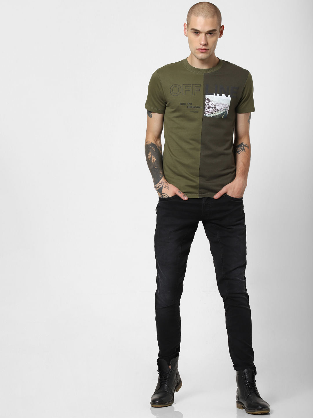Green Colourblocked Crew Neck T-Shirt