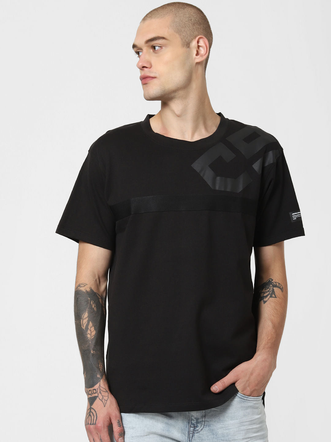 Black Tape Detail Crew Neck T-Shirt
