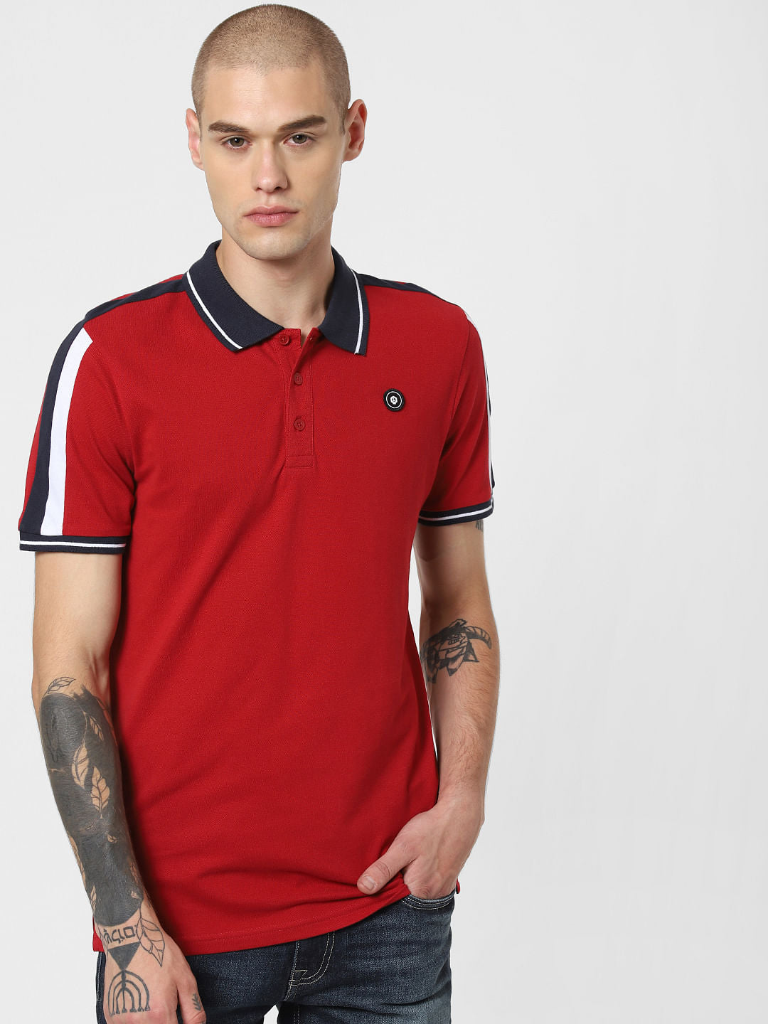Red Contrast Tipping Polo Neck T-Shirt