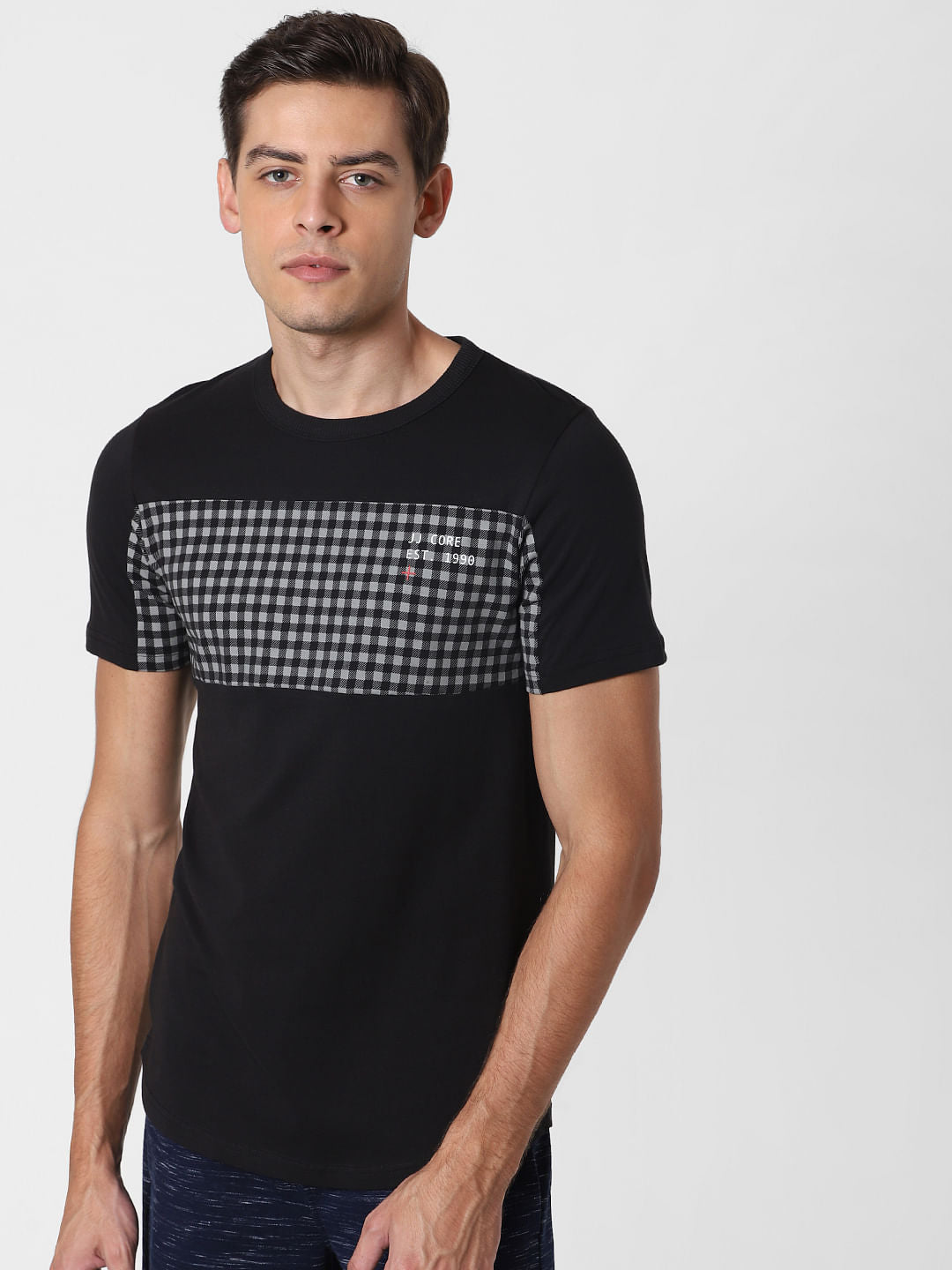 Black Check Patch Crew Neck T-Shirt