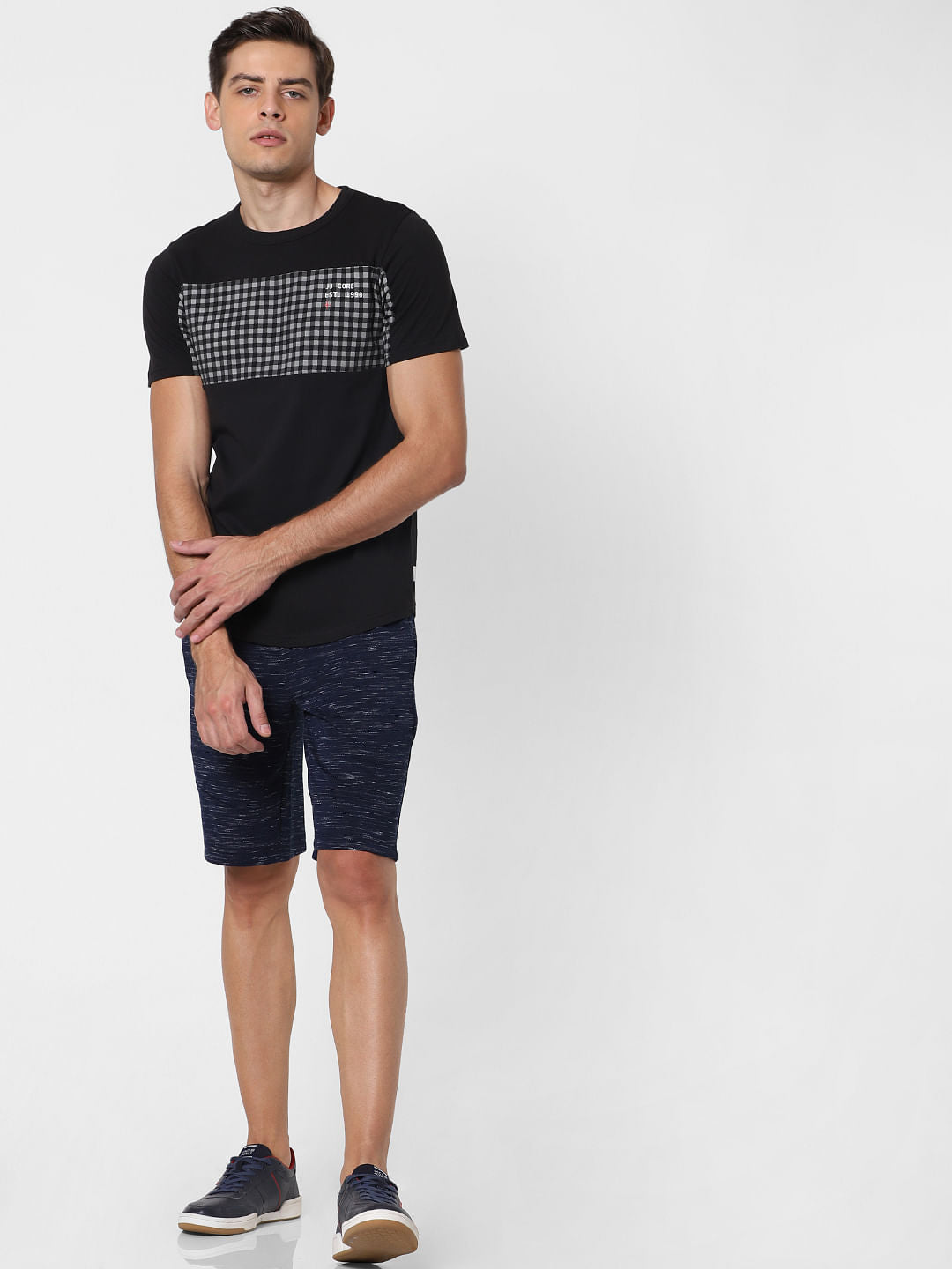 Black Check Patch Crew Neck T-Shirt