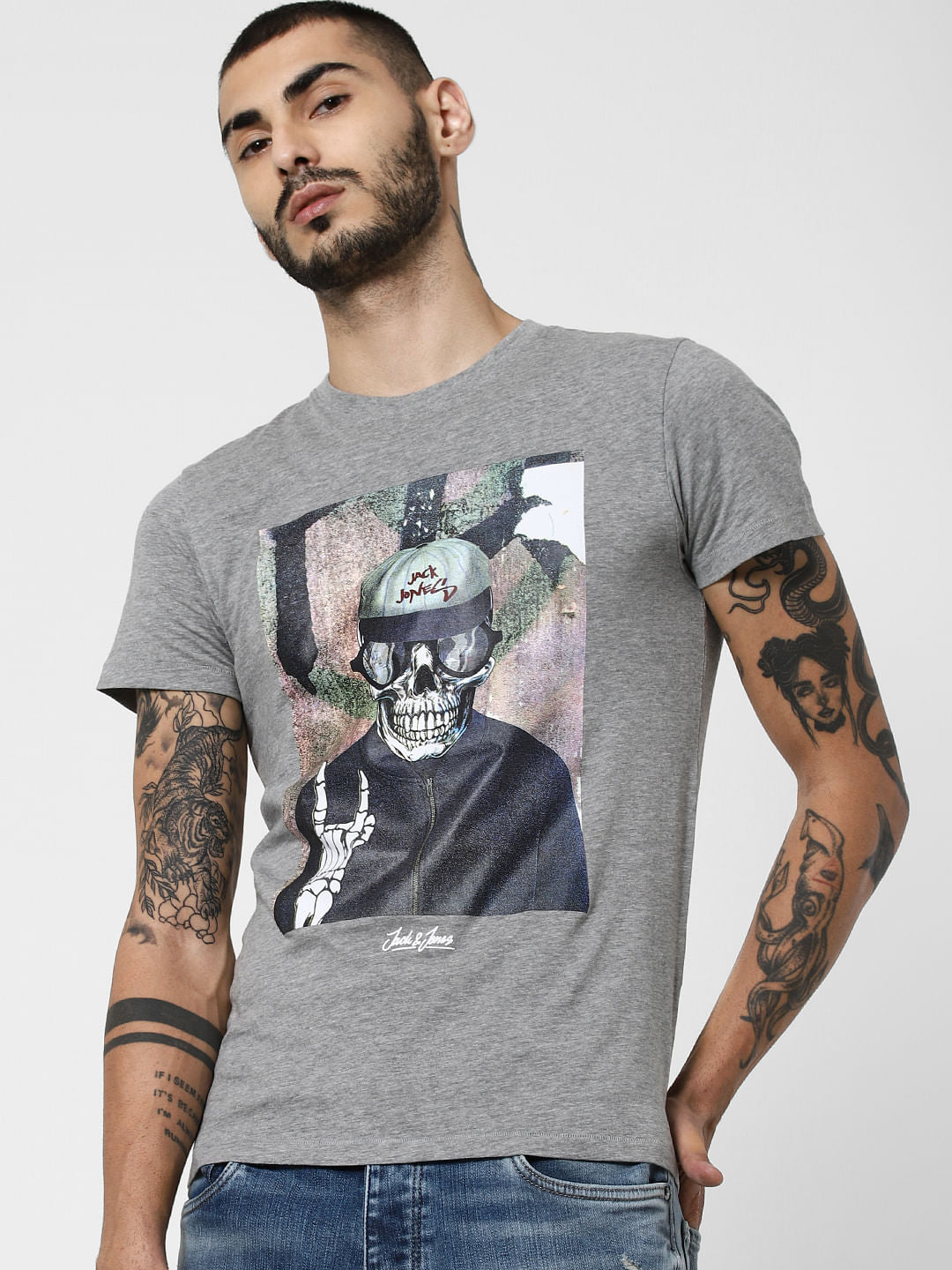 Grey Graphic Print Crew Neck T-Shirt