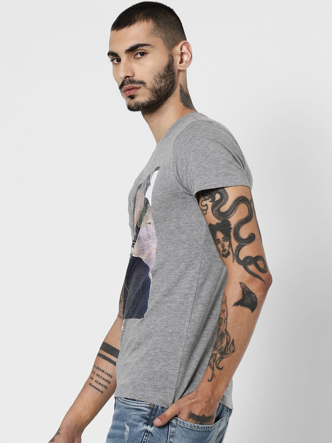 Grey Graphic Print Crew Neck T-Shirt