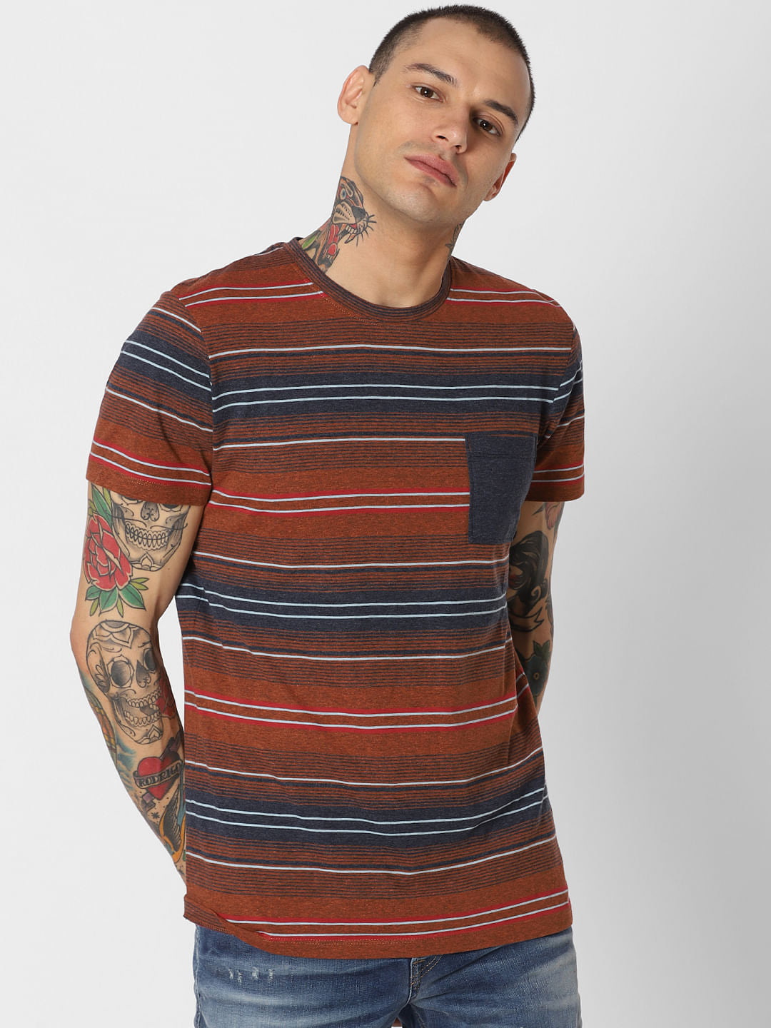 Brown Striped Crew Neck T-Shirt