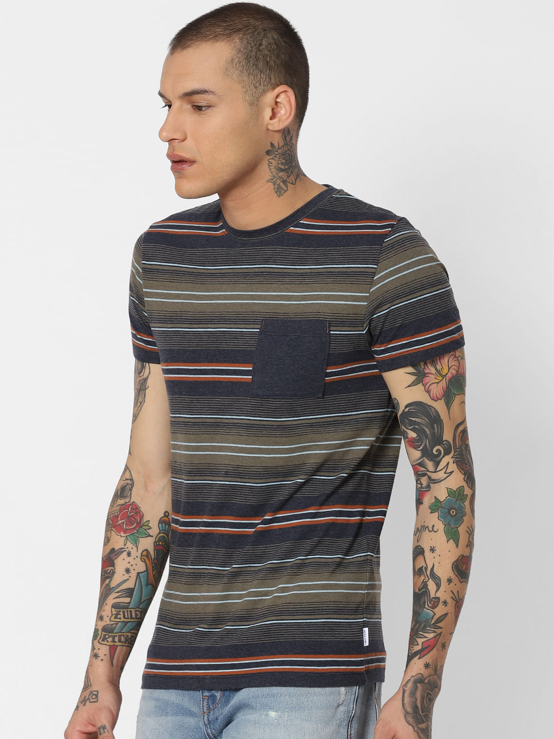 Navy Blue Striped Crew Neck T-Shirt