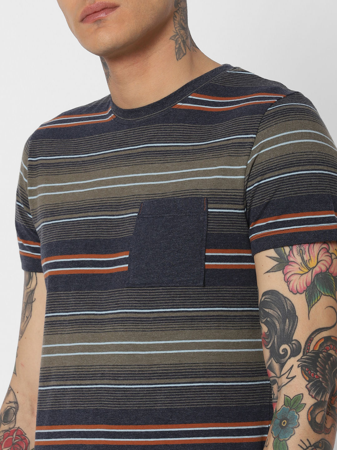 Navy Blue Striped Crew Neck T-Shirt