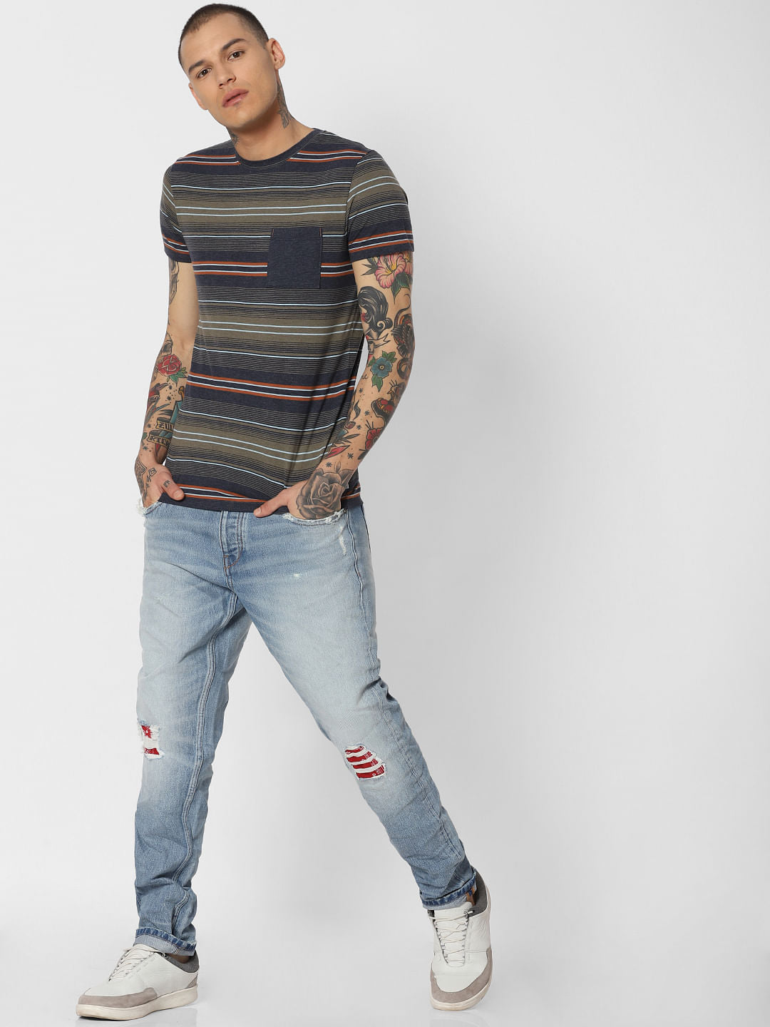 Navy Blue Striped Crew Neck T-Shirt