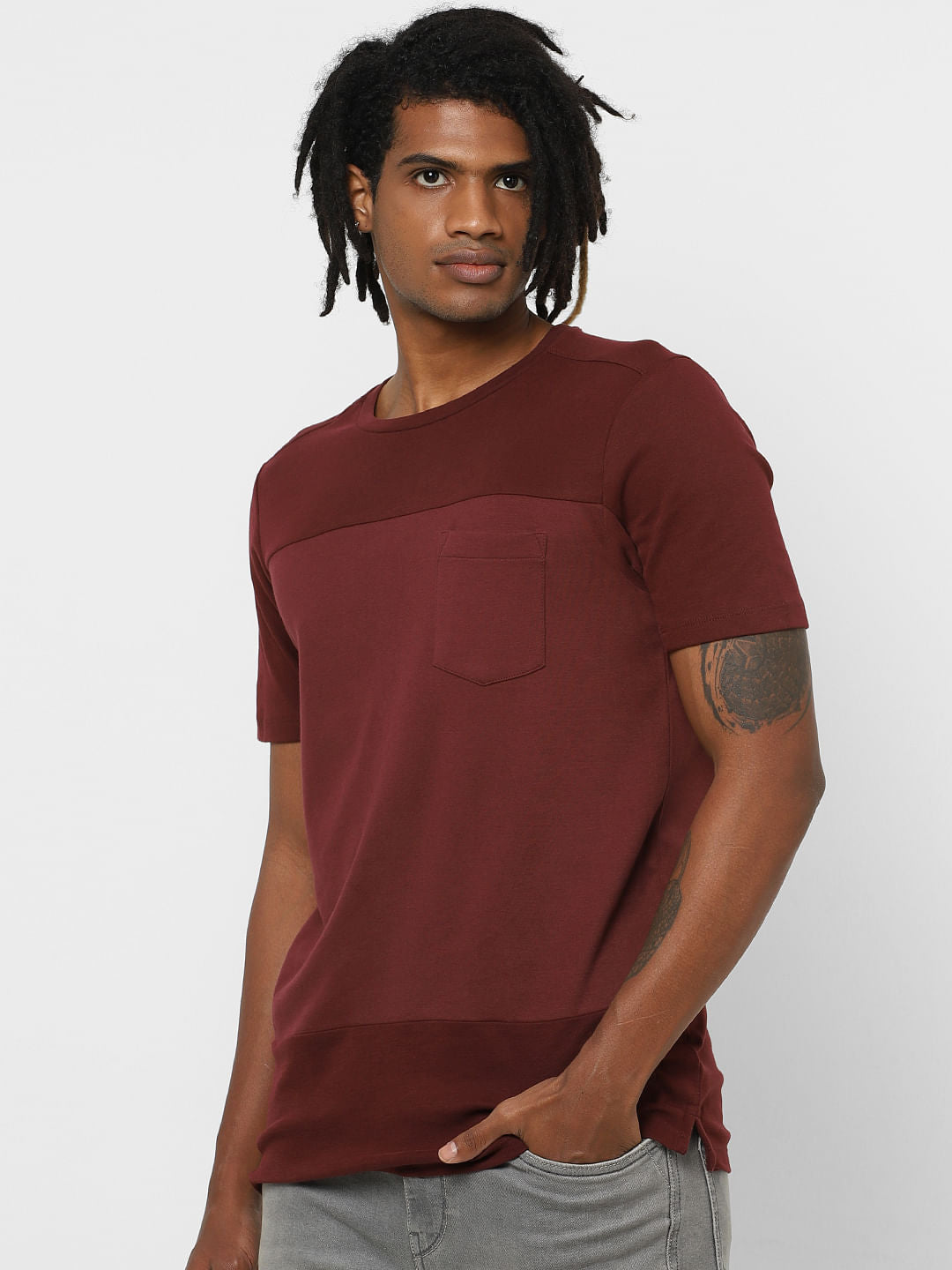Maroon Colourblocked Crew Neck T-Shirt