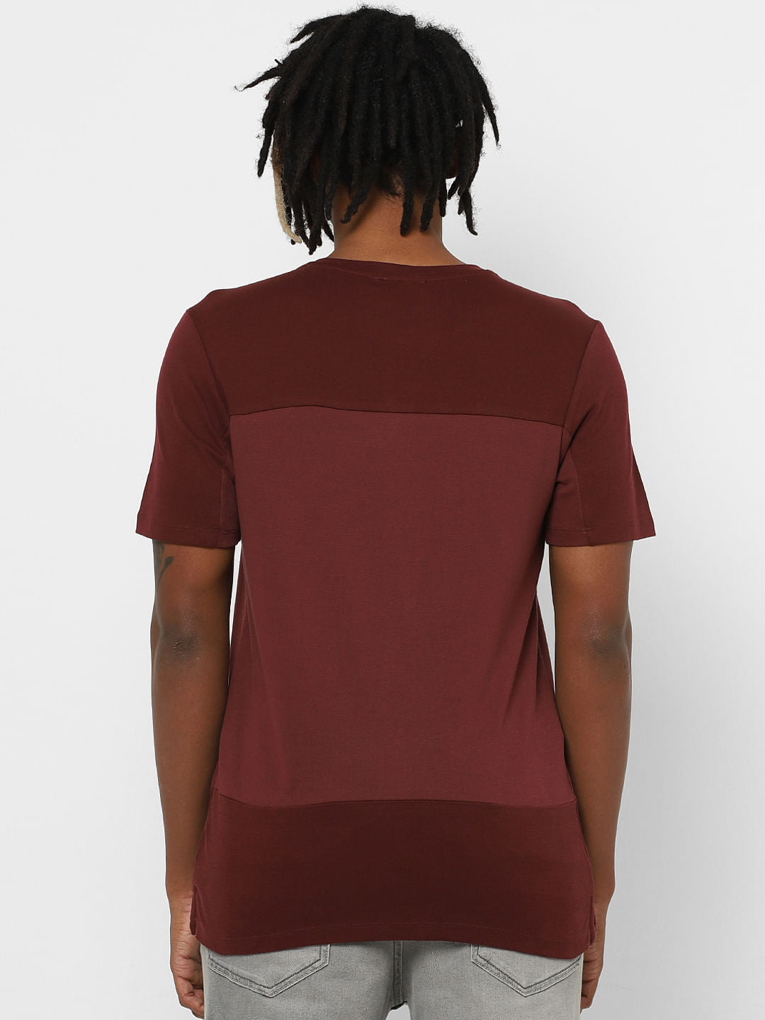 Maroon Colourblocked Crew Neck T-Shirt