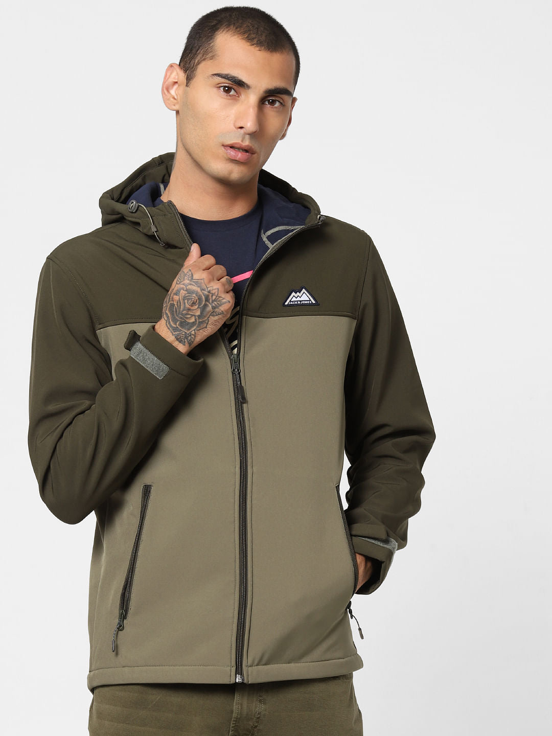 Green Colourblocked Hooded Jacket