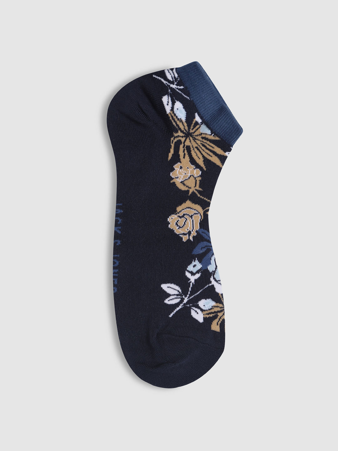 Navy Blue Floral Print No Show Socks