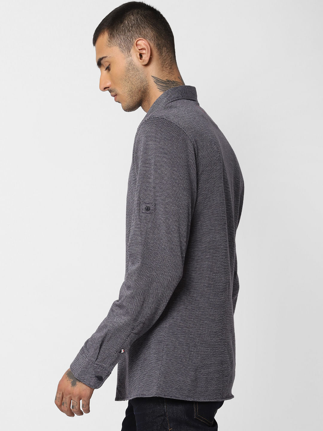 Navy Blue Jacquard Full Sleeves Shirt