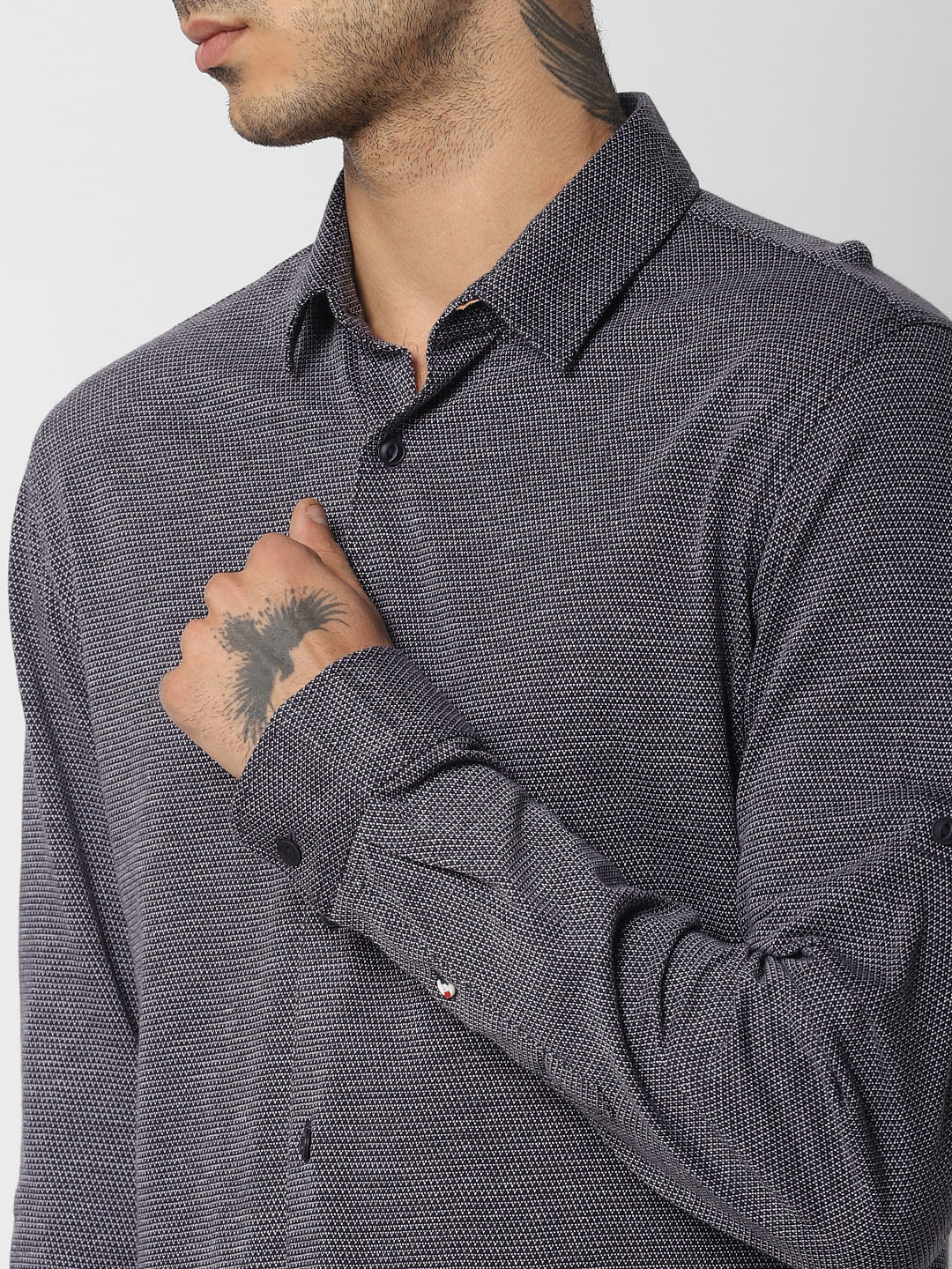 Navy Blue Jacquard Full Sleeves Shirt
