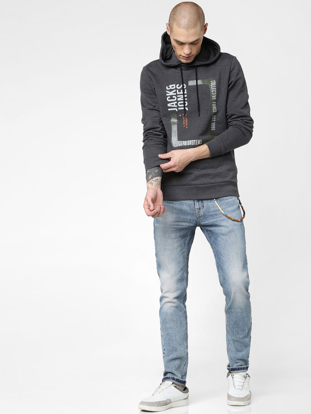 Dark Grey Logo Print Hooded Sweatshirt
