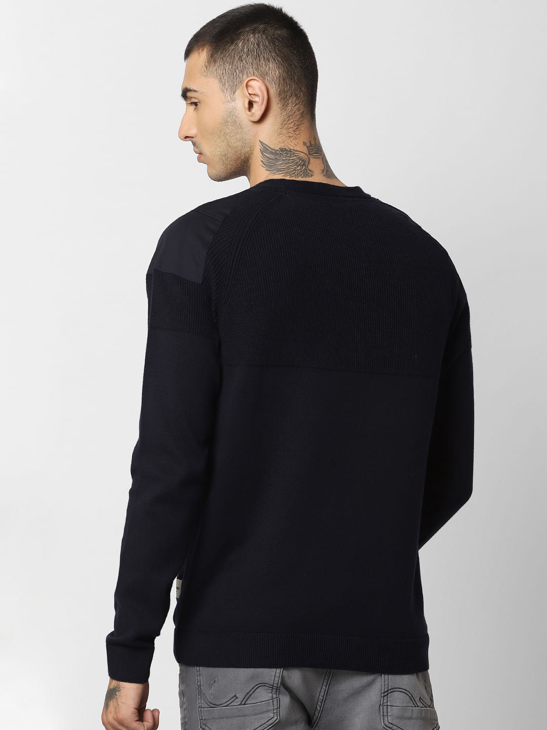 Navy Blue Shoulder Patch Pullover